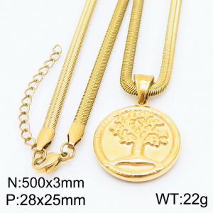 Stainless steel 500x3mm snake chain with life tree circle pendant trendy gold necklace - KN231750-Z
