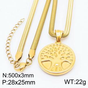 Stainless steel 500x3mm snake chain with life tree circle pendant trendy gold necklace - KN231752-Z
