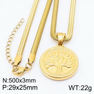 Stainless steel 500x3mm snake chain with life tree circle pendant trendy gold necklace - KN231753-Z