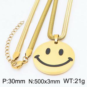 Stainless steel 500x3mm snake chain with big smile face circle pendant trendy gold necklace - KN231756-Z