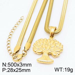 Stainless steel 500x3mm snake chain with life tree circle pendant trendy gold necklace - KN231757-Z