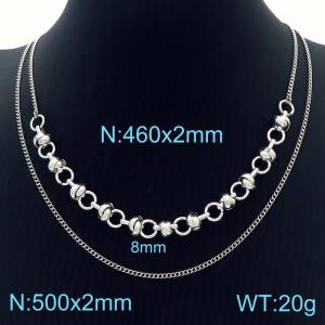 Cool style stainless steel spliced double pearl knotted chain necklace for men and women - KN232050-Z