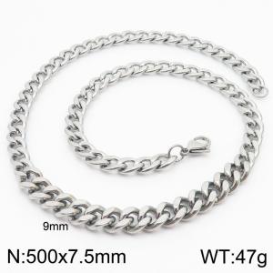 Stianless Steel 7.5mm Silver Color Cuban Chain with 9mm SIlver Cuban Chain Necklace - KN232651-Z
