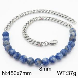 Stianless Steel 7mm Silver Color Cuban Chain with 8mm Blue Spot Necklace - KN232662-Z