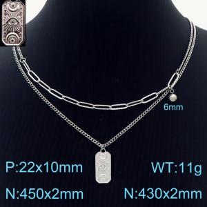 450mm Women Silver Color Stainless Steel Double Style Chains Necklace with Cartoon Bell&Patterned Square Pendant - KN232673-Z