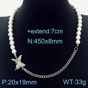 Stainless steel 450x8mm cuban chain with pearl chain butterfly high class silver necklace - KN232679-KC