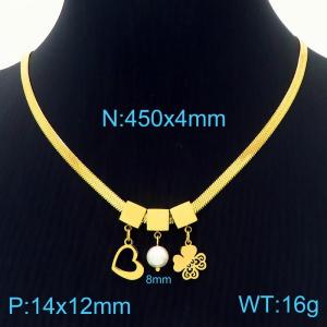 450mm Women Gold-Plated Snake Bone Chain Necklace with Pearl&Love Heart&Clover Pendants - KN233831-KFC