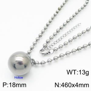 4mm Beads Chain Necklace Women Stainless Steel With Big Hollow Round Bead Pendant Charm Silver Color - KN234368-Z