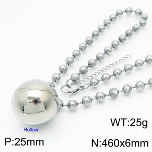 6mm Beads Chain Necklace Women Stainless Steel With Big Hollow Round Bead Pendant Charm Silver Color - KN234370-z