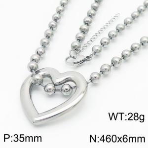 6mm Beads Chain Necklace Women Stainless Steel 304 With Heart Charm Pendant Silver Color - KN234426-Z