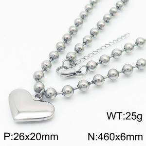 6mm Beads Chain Necklace Women Stainless Steel 304 With Heart Charm Pendant Silver Color - KN234437-Z