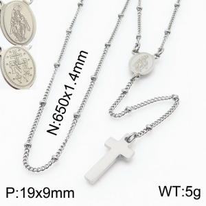 65cm Long Silver Color Stainless Steel Link Chain Necklace Unisex Religion Cross Pendant For Women Men - KN234457-Z