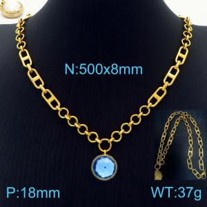 50cm Long Gold Color Stainless Steel Blue Color Round Crystal Glass Pentand Link Chain Necklace For Women - KN234466-Z