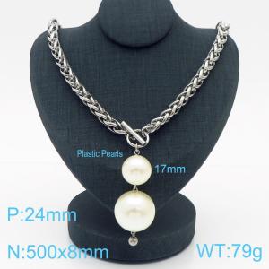 8mm Wheat Chain Necklace  With Plastic Pearls Silver Color - KN235531-Z