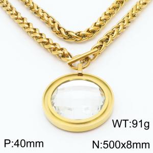 8mm Wheat Chain Necklace  With Clear Glass Round Charm Gold Color - KN235532-Z