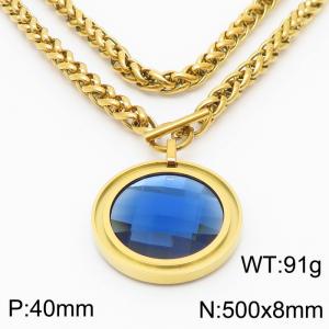 8mm Wheat Chain Necklace  With Blue Glass Round Charm Gold Color - KN235533-Z