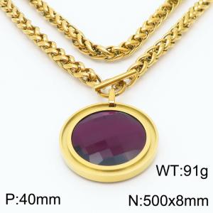 8mm Wheat Chain Necklace  With Purple Glass Round Charm Gold Color - KN235534-Z