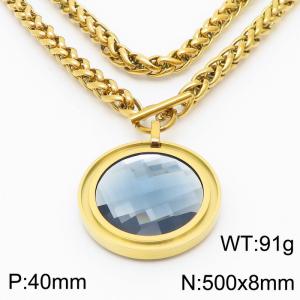 8mm Wheat Chain Necklace  With Grey Glass Round Charm Gold Color - KN235535-Z