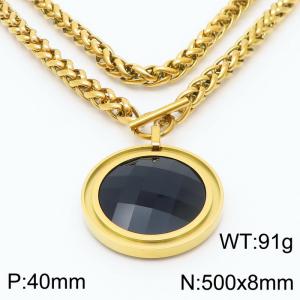 8mm Wheat Chain Necklace  With Black Glass Round Charm Gold Color - KN235536-Z