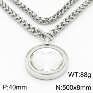 8mm Wheat Chain Necklace  With Clear Glass Round Charm Silver Color - KN235537-Z