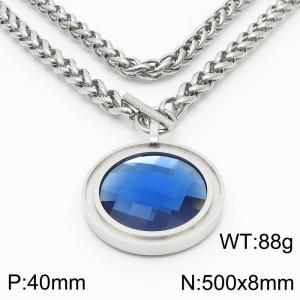 8mm Wheat Chain Necklace  With Blue Glass Round Charm Silver Color - KN235538-Z