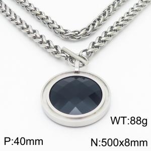 8mm Wheat Chain Necklace  With Black Glass Round Charm Silver Color - KN235539-Z