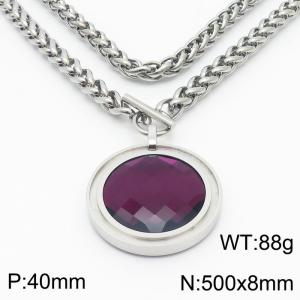 8mm Wheat Chain Necklace  With Purple Glass Round Charm Silver Color - KN235540-Z