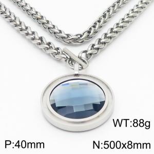 8mm Wheat Chain Necklace  With Grey Glass Round Charm Silver Color - KN235541-Z