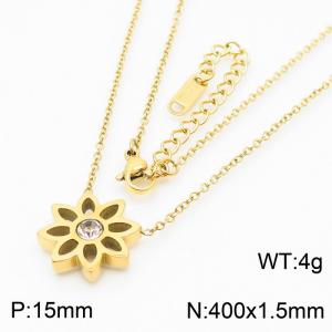 Gold Color Stainless Steel Rhinestone Sun Flower Pendant Link Chain Necklace For Women - KN235559-LX