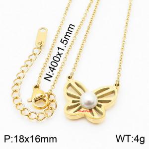 Gold Color Butterfly Stainless Steel Link Chain Shell Imitation Pearl Pendant Necklace For Women - KN235564-KLX