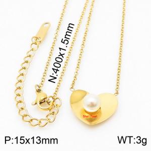 Gold Color Love Heart Stainless Steel Link Chain Shell Imitation Pearl Pendant Necklace For Women - KN235565-KLX