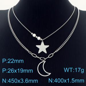 Silver Color Stainless Steel Star Moon Imitation Pearl Beads Pendant Double Layer Link Chain Necklace For Women - KN235944-KFC