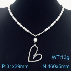 Natural shell titanium steel women's beaded tassel full diamond heart necklace - KN235982-KFC