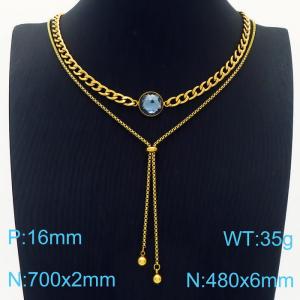 Women 700&480mm Gold-Plated Stainless Steel Double Necklaces with Sky Blue Gem - KN236221-Z