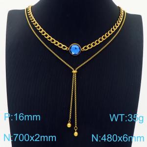 Women 700&480mm Gold-Plated Stainless Steel Double Necklaces with Sea Blue Gem - KN236222-Z