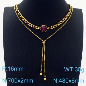Women 700&480mm Gold-Plated Stainless Steel Double Necklaces with Purple Gem - KN236223-Z
