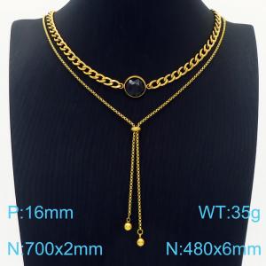 Women 700&480mm Gold-Plated Stainless Steel Double Necklaces with Blue Gem - KN236224-Z