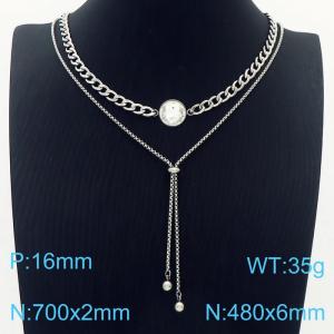 Women 700&480mm Stainless Steel Double Necklaces with Transparent Gem - KN236226-Z