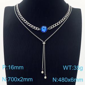 Women 700&480mm Stainless Steel Double Necklaces with Sea Blue Gem - KN236227-Z