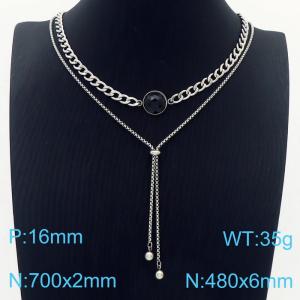 Women 700&480mm Stainless Steel Double Necklaces with Black Gem - KN236228-Z