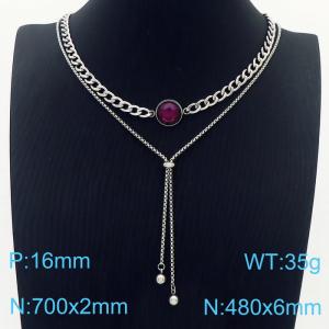 Women 700&480mm Stainless Steel Double Necklaces with Red Gem - KN236229-Z