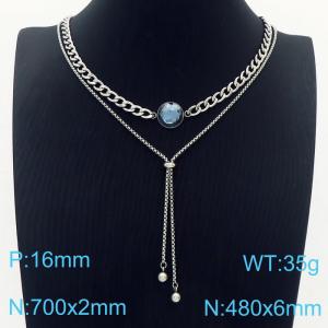 Women 700&480mm Stainless Steel Double Necklaces with Sky Blue Gem - KN236230-Z
