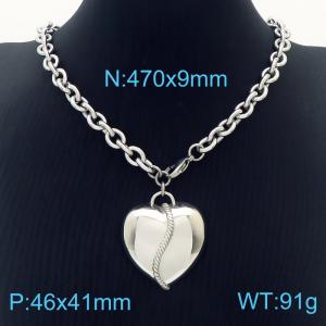 47cm O Link Chain Silver Color Stainless Steel Large Love Heart Pendant Charm Necklace - KN236248-ZC