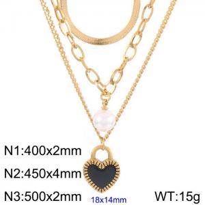 Fashion French stainless steel triple layer wear small pearl drop glue peach heart necklace women - KN236276-Z