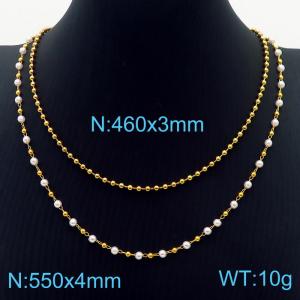 Women Elegant 550&460mm Double Gold-Plated Stainless Steel&Pearls Links Necklace - KN236355-Z