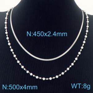 Women 550&450mm Double Stainless Steel Snake Bone Chain&Pearls Links Necklace - KN236356-Z