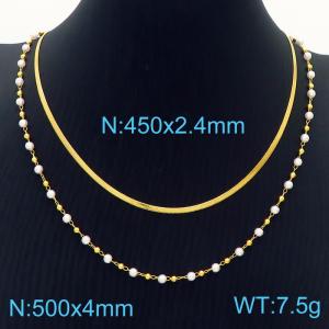 Women 550&450mm Double Gold-Plated Stainless Steel Snake Bone Chain&Pearls Links Necklace - KN236357-Z