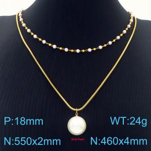 Women 550&460mm Double Gold-Plated Stainless Steel Elastic Round Chain&Pearls Links Necklace with Shell Pearl Pendant - KN236359-Z
