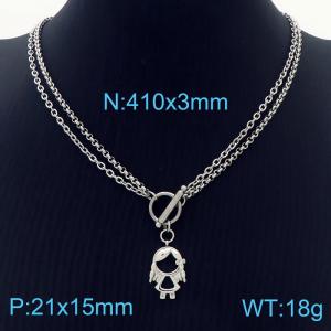 OT Clasp Double Link Chain Silver Color Stainless Steel Girl Pendant Necklace - KN236447-Z