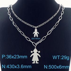 Double Link Chain Silver Color Stainless Steel Boy & Girls Pendant Necklace - KN236456-Z